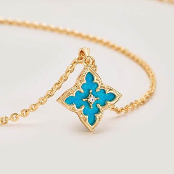 Gold Clover Necklace Women Dainty 14K Gold Blue Onyx Pendant Adjustable Chain - Picture 5 of 6